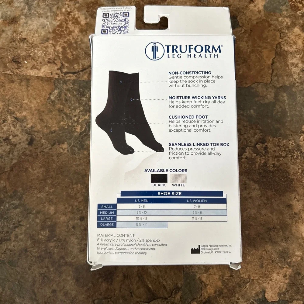Truform Leg Health Trusoft Diabetic Crew Socks Mild Mens Womens Size XL Black